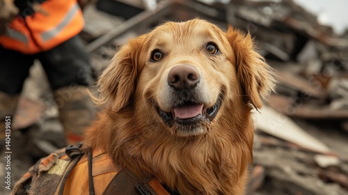 Obraz na płótnie golden retriever rescue dog amidst ruined buldings, searching for survivors under collapsed buildings after earthquake disaster. w salonie