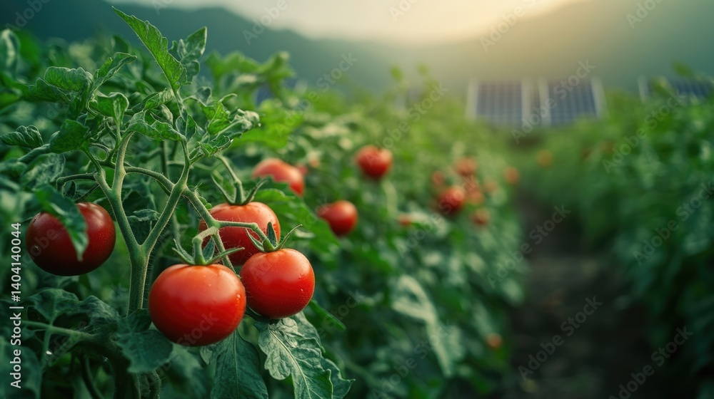 Fresh ripe red organic tomatoes at agriculture plantation farm.
