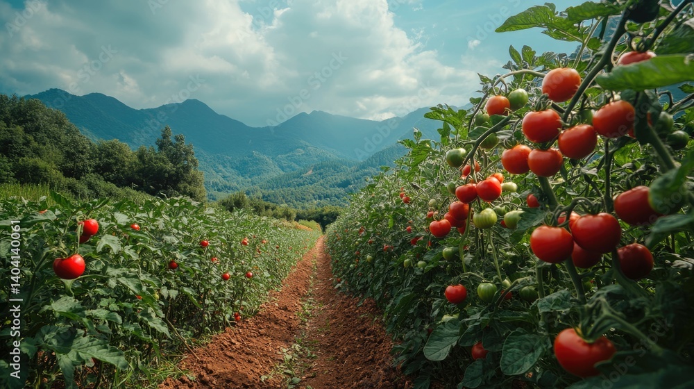 Fresh ripe red organic tomatoes at agriculture plantation farm.