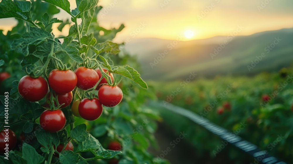 Fresh ripe red organic tomatoes at agriculture plantation farm.