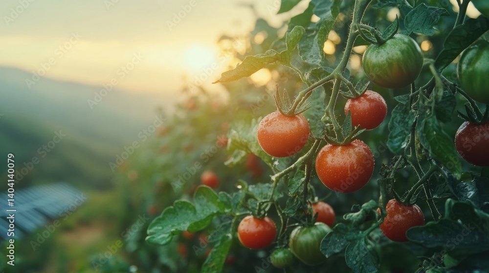 Fresh ripe red organic tomatoes at agriculture plantation farm.