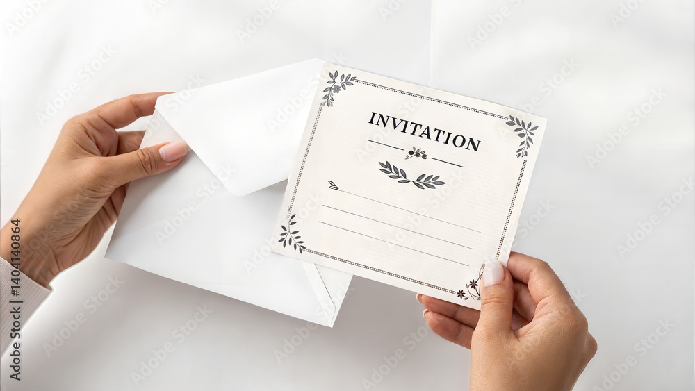 Invitation card being held with envelope in white background Invitation card being held with envelope in white background