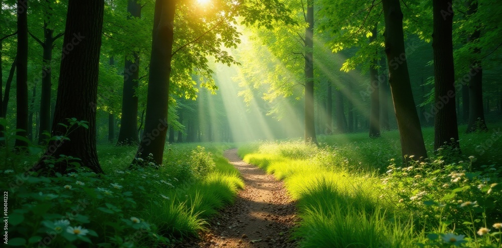 Sun-dappled path winds through lush green forest, sunlight filtering through leaves , scenery, wildlife habitat, peaceful Sun-dappled path winds through lush green forest, sunlight filtering through leaves , scenery, wildlife habitat, peaceful