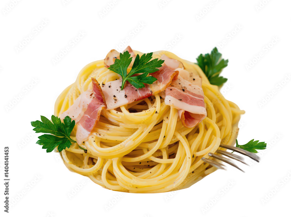 Delicious pasta with bacon and parsley garnishing, appetizing and elegant presentation. Delicious pasta with bacon and parsley garnishing, appetizing and elegant presentation.
