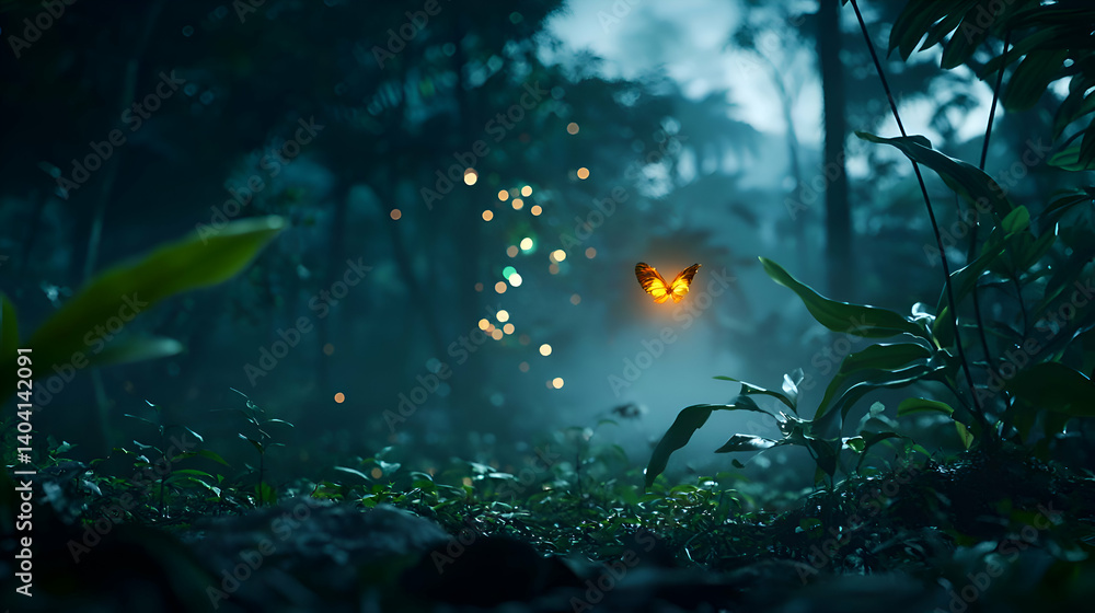 Fototapeta premium Glowing Butterfly in a Dark Forest at Night