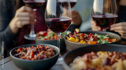 Close Up of Friends Toasting Wine Glasses Over a Table with Various Dishes and Appetizers