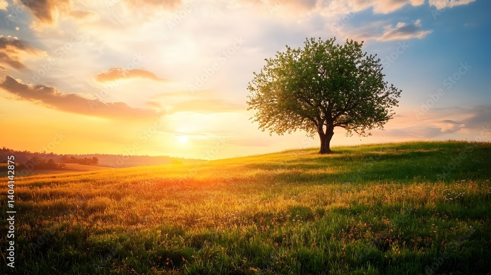 Fototapeta premium Tree stands in a field at sunset with clouds and golden light.