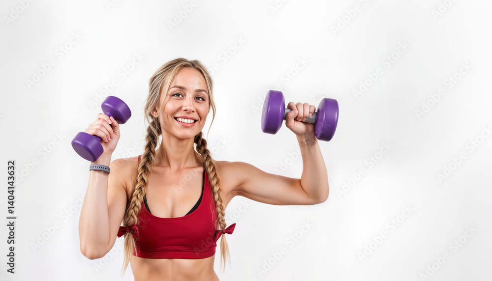Smiling woman with blonde braids exercising using purple dumbbells on white background. Fitness workout for healthy active lifestyle and wellness themes Smiling woman with blonde braids exercising using purple dumbbells on white background. Fitness workout for healthy active lifestyle and wellness themes