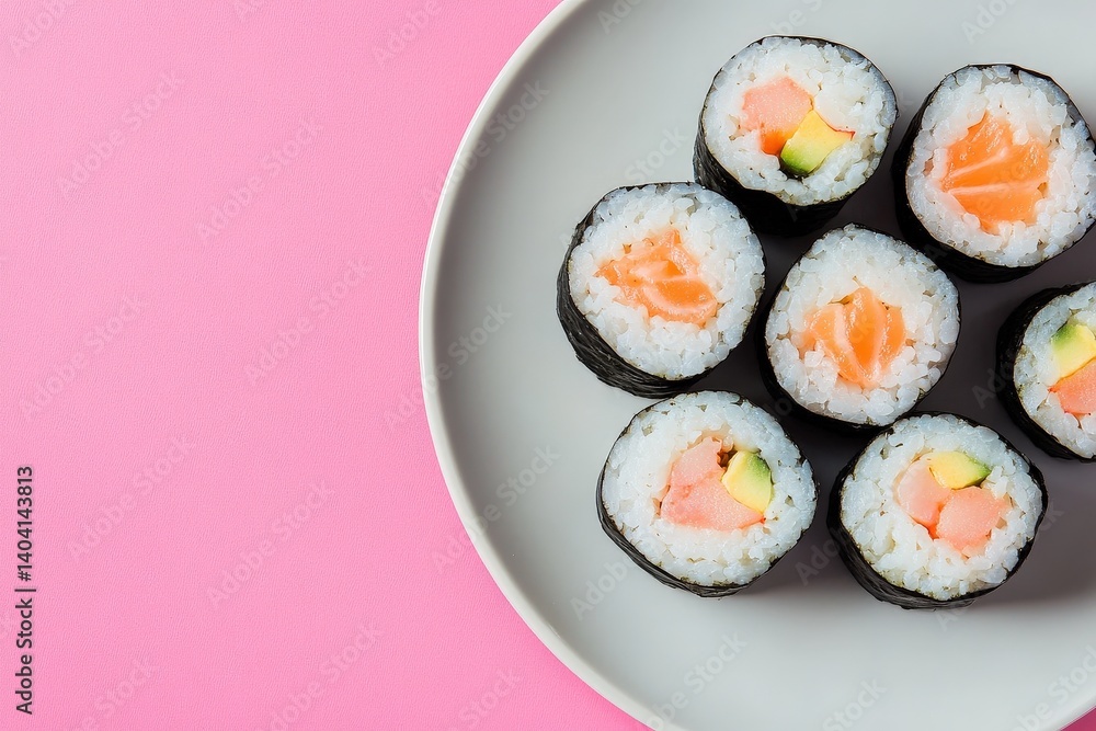A plate of assorted sushi rolls with salmon and avocado. A plate of assorted sushi rolls with salmon and avocado.