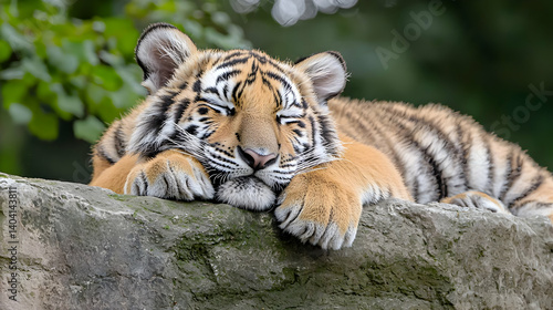 Sleeping Tiger Cub On Rock