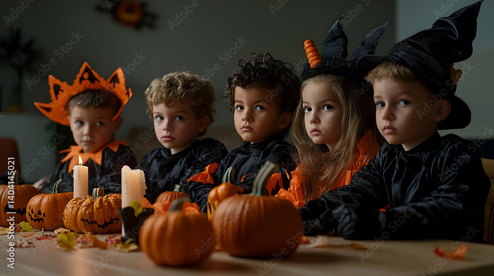 Fototapeta premium Four Children In Halloween Costumes Sitting Around Pumpkins