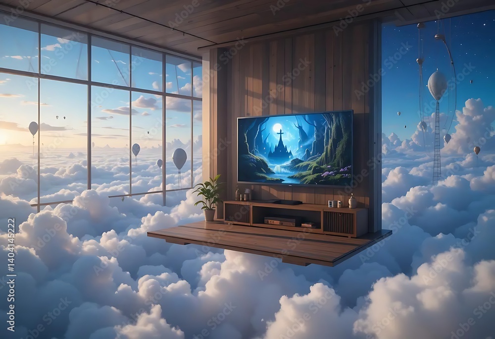 Fototapeta premium Room Above the Clouds with Television and Ballon View