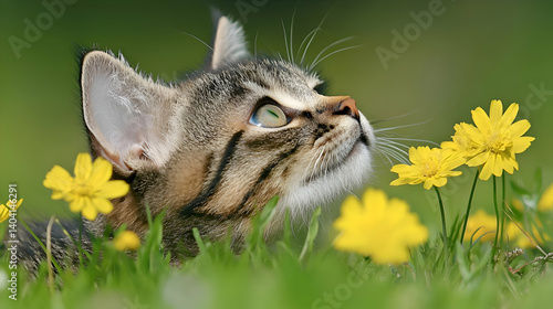 Closeup of a Cute Tabby Kitten in Yellow Flowers and Green Grass