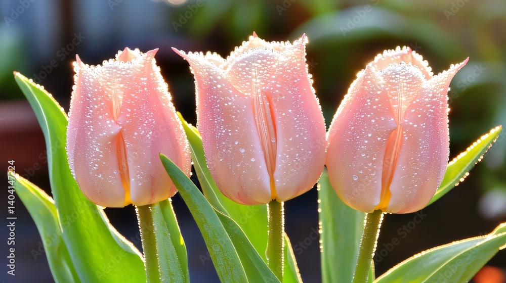 Fototapeta premium Blooming Tulips with Water Droplets in Soft Morning Light