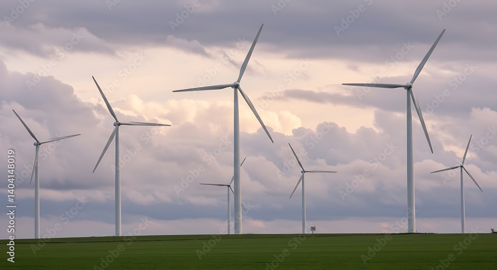 Wind Turbines Rotating in Open Green Field Under Cloudy Sky Wind Turbines Rotating in Open Green Field Under Cloudy Sky