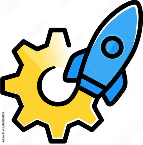 Rocket launching with gear icon. Innovation technology and start up growth logo symbol.