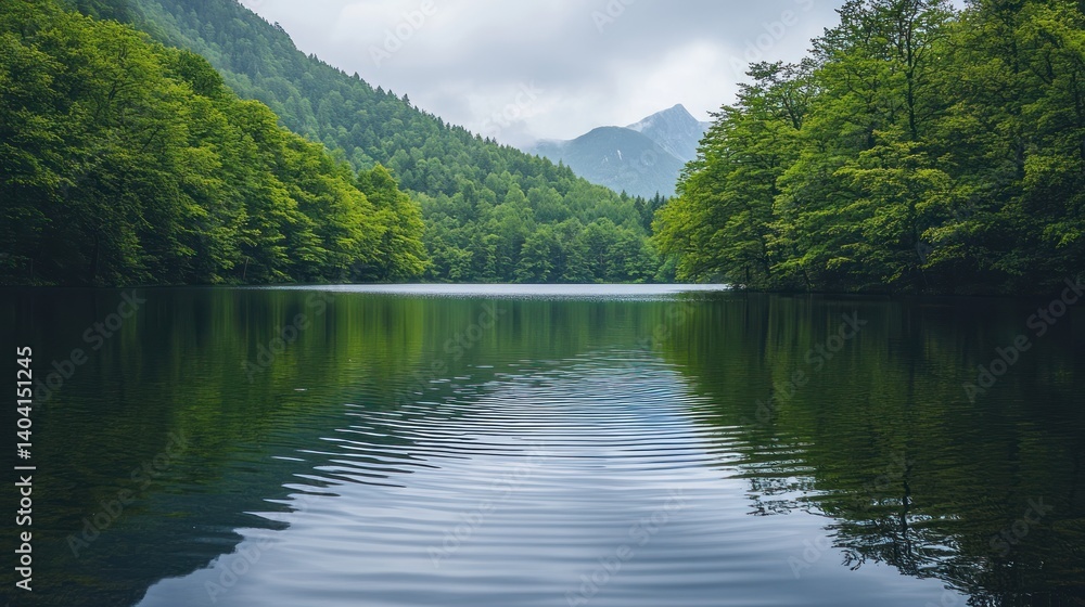 Reflections of lush greenery on tranquil waters of a mountain lake Reflections of lush greenery on tranquil waters of a mountain lake