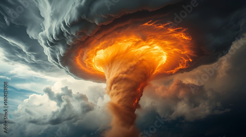 A swirling fiery tornado towers against a backdrop of dramatic, convoluted storm clouds. Majestic and intimidating, the scene is a powerful study of nature's raw elemental forces.