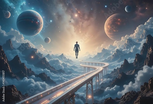 Person Walking on Bridge Among Planets and Clouds in Dreamy Sky