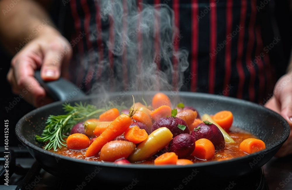 Chef holding hot frying pan with assorted vegetables. Molecular gastronomy cuisine cooking with carrots beetroots rosemary herbs, steam rising. Culinary concept of health food.