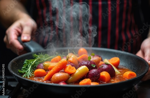 Obraz na płótnie Chef holding hot frying pan with assorted vegetables. Molecular gastronomy cuisine cooking with carrots beetroots rosemary herbs, steam rising. Culinary concept of health food. w salonie