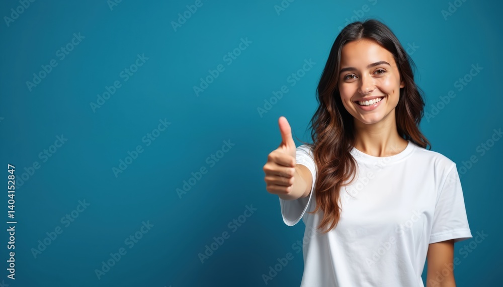 Young attractive woman in white t-shirt points thumbs up, recommends something. Brunette female smiles widely at blue studio background with empty copy space for text, logo. Happy emotion, casual Young attractive woman in white t-shirt points thumbs up, recommends something. Brunette female smiles widely at blue studio background with empty copy space for text, logo. Happy emotion, casual