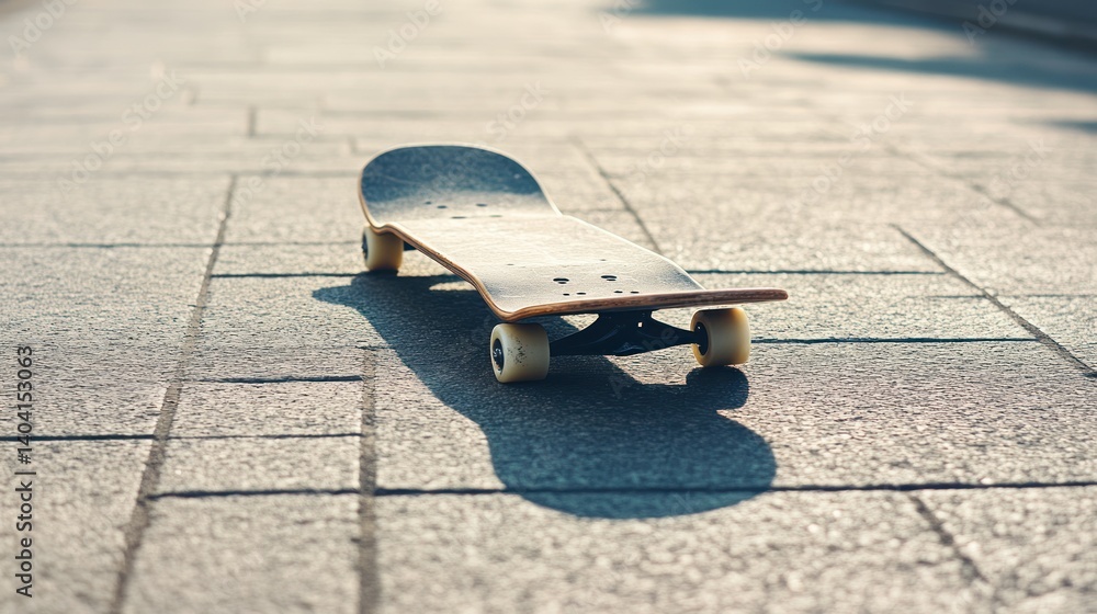 Naklejka premium Skateboard resting on textured pavement in golden hour light