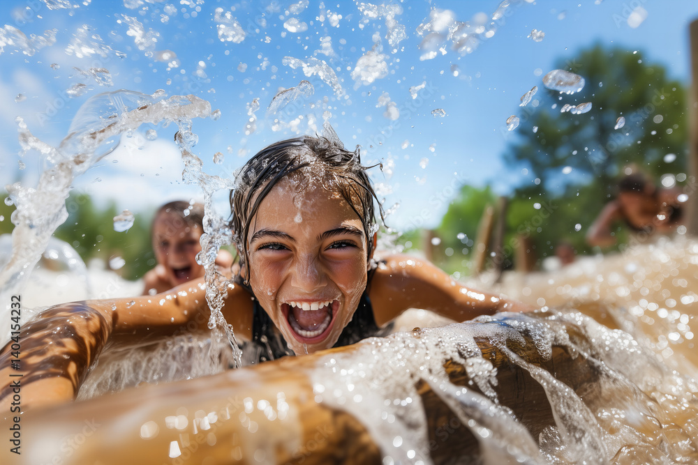 Obraz premium Children Playing In Water Splashing On Raft