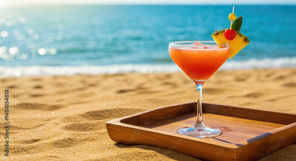 Obraz premium Tropical cocktail on a beach tray against a sunny ocean backdrop 