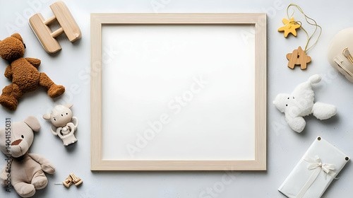 Blank Wooden Frame Surrounded By Soft Toys