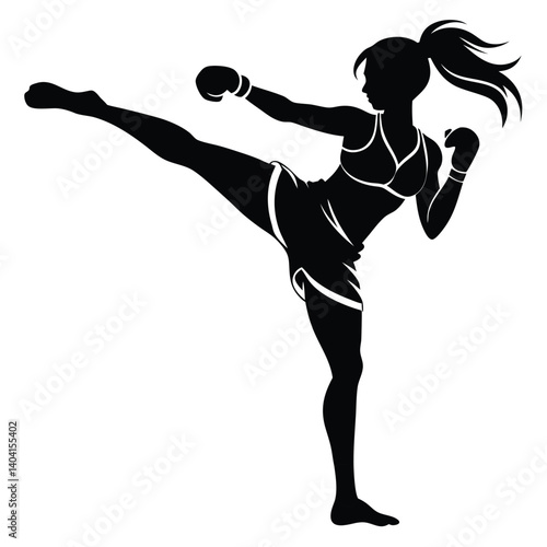 realistic silhouette of a female boxer in mid-kick vector illustration
