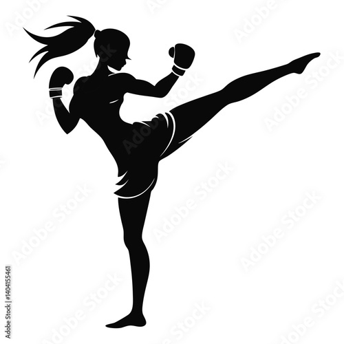 realistic silhouette of a female boxer in mid-kick vector illustration