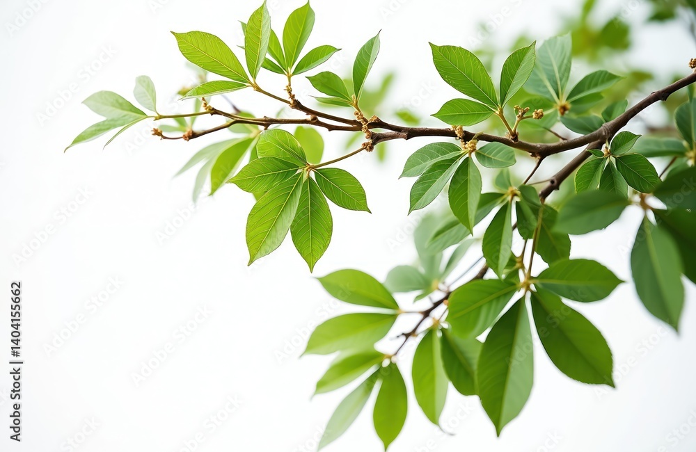 Close-up of green leaves, brown branches isolated on white background. Fresh young foliage on tree branch. Natural floral background. Spring season. Nature, eco concept. Ideal for greeting cards Close-up of green leaves, brown branches isolated on white background. Fresh young foliage on tree branch. Natural floral background. Spring season. Nature, eco concept. Ideal for greeting cards