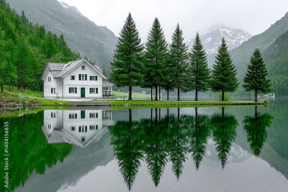 Fototapeta premium A peaceful lake reflecting trees near a village
