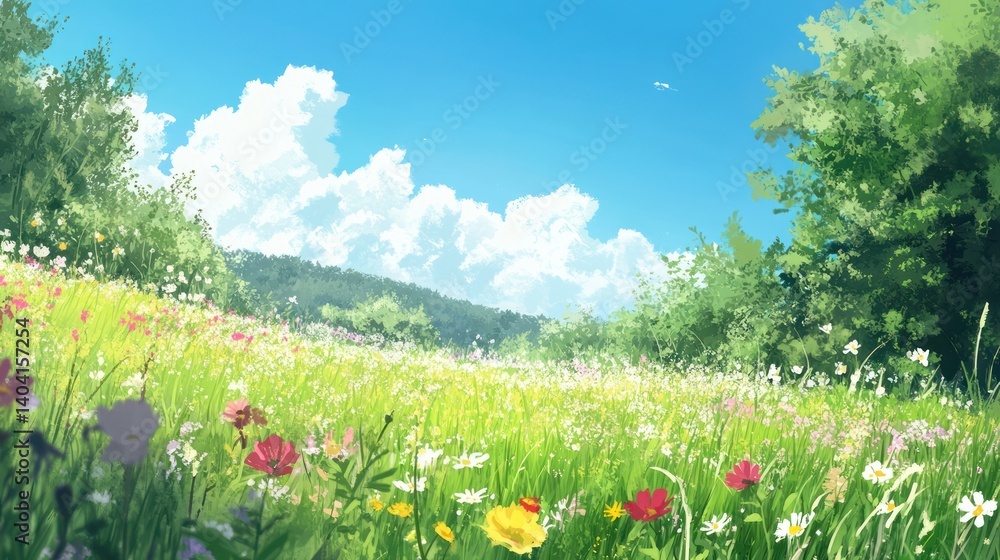 Vibrant meadow landscape with wildflowers, lush greenery and cumulus clouds Vibrant meadow landscape with wildflowers, lush greenery and cumulus clouds