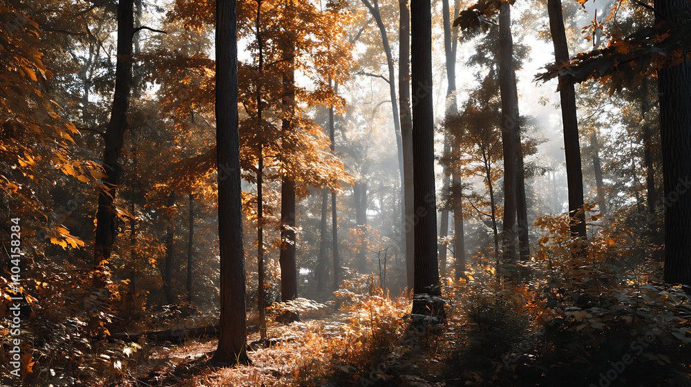 Obraz premium Misty Autumn Forest at Sunrise – Ideal for Wall Art, Meditation Background, Website Banner, Video Thumbnail, Seasonal Design