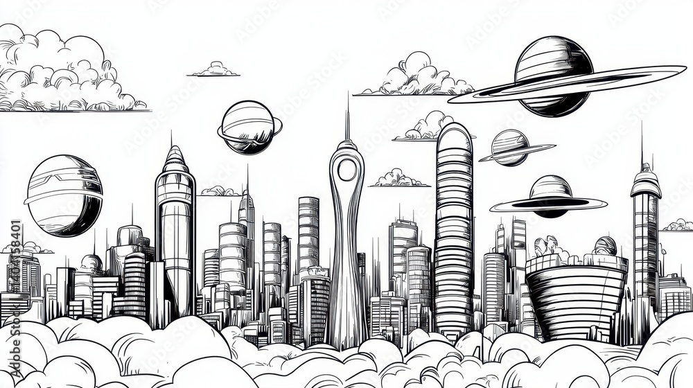 Obraz premium Futuristic Cityscape with Planets Above