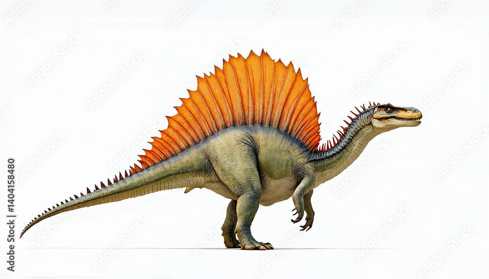 Fototapeta premium Spinosaurus with sail-like spine stands against white, sail in focus, evoking power, mystery.Learn about Spinosaurus habitatExplore other prehistoric predators