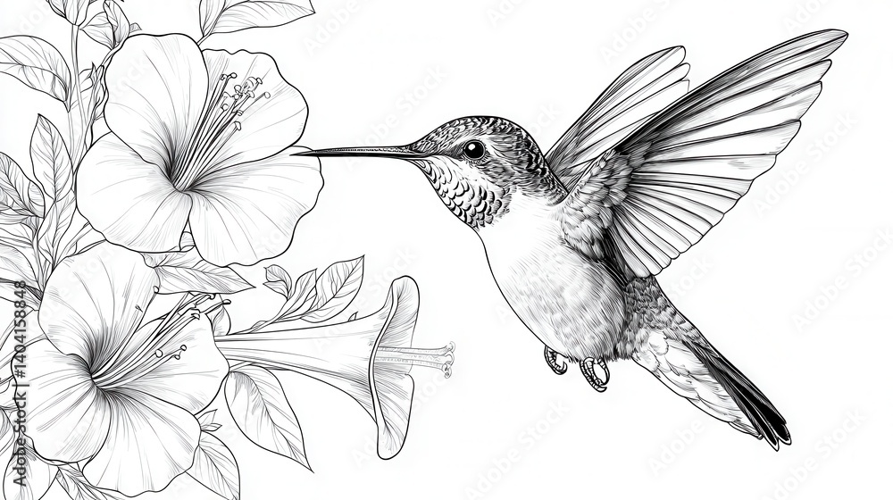 Fototapeta premium Hummingbird Feeding on Flower Outline Art