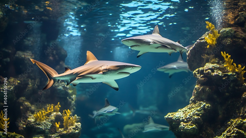 Fototapeta premium Dynamic sharks swimming effortlessly through deep ocean with glowing rays high resolution image