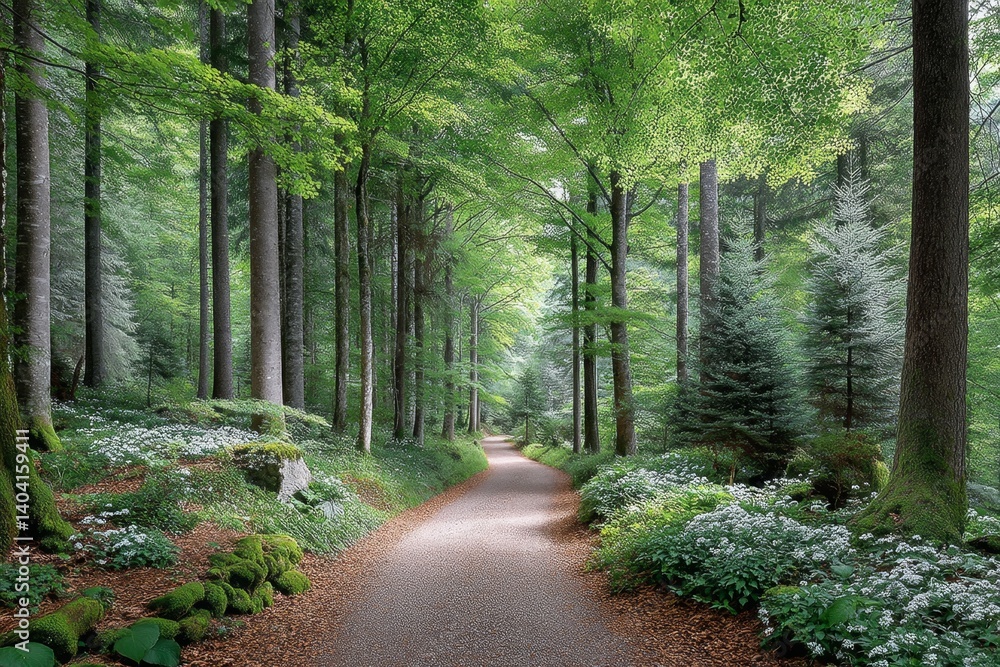 Obraz premium Serene forest path surrounded by tall green trees and dappled sunlight