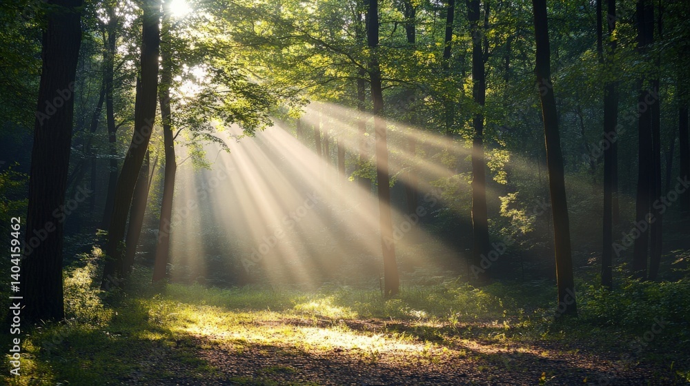 Sunlight streams through tall trees creating a magical forest scene Sunlight streams through tall trees creating a magical forest scene
