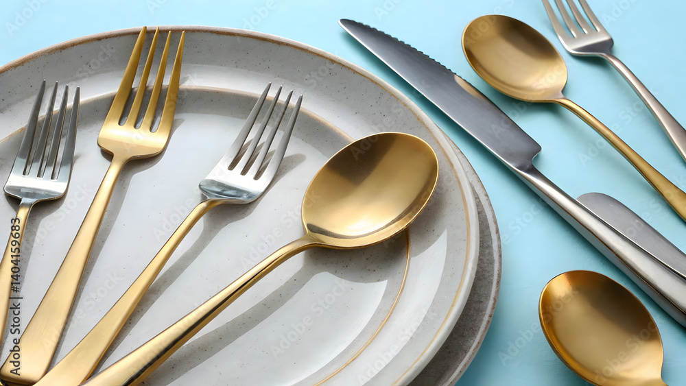 Elegant gold and silver flatware arranged around stylish plates, creating sophisticated dining setting that enhances any meal experience Elegant gold and silver flatware arranged around stylish plates, creating sophisticated dining setting that enhances any meal experience