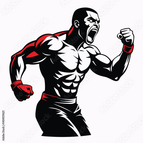 realistic silhouette of a boxer yelling while punching vector illustration