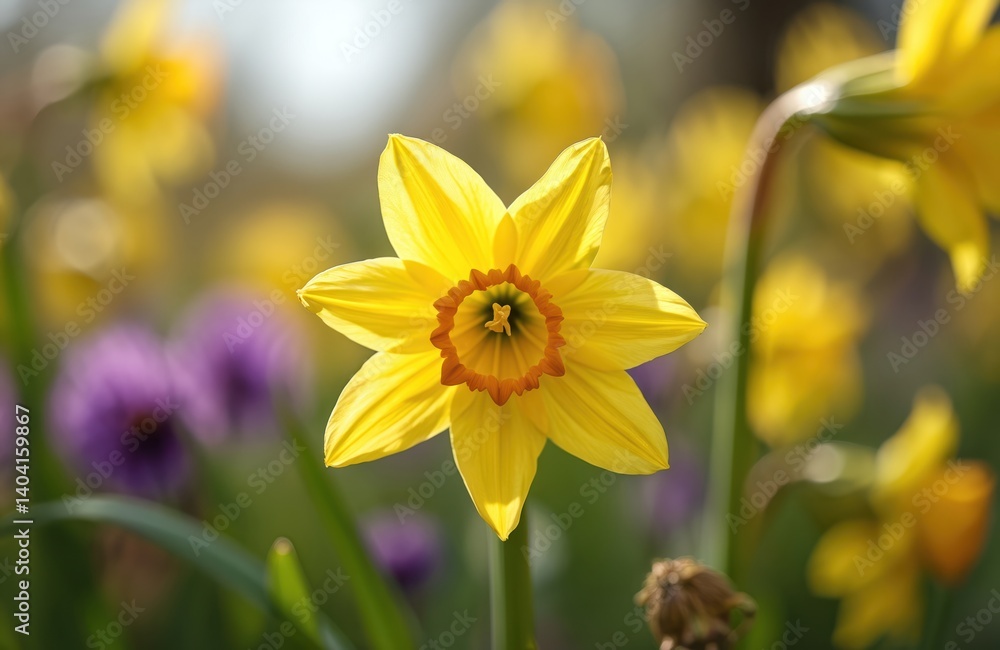 Fototapeta premium Close-up shot of vibrant yellow daffodil flower. Petals reveal orange center. Flower blossoms in spring garden. Fresh bloom evokes sunny mood, joy. Nature, botanical, floral art.