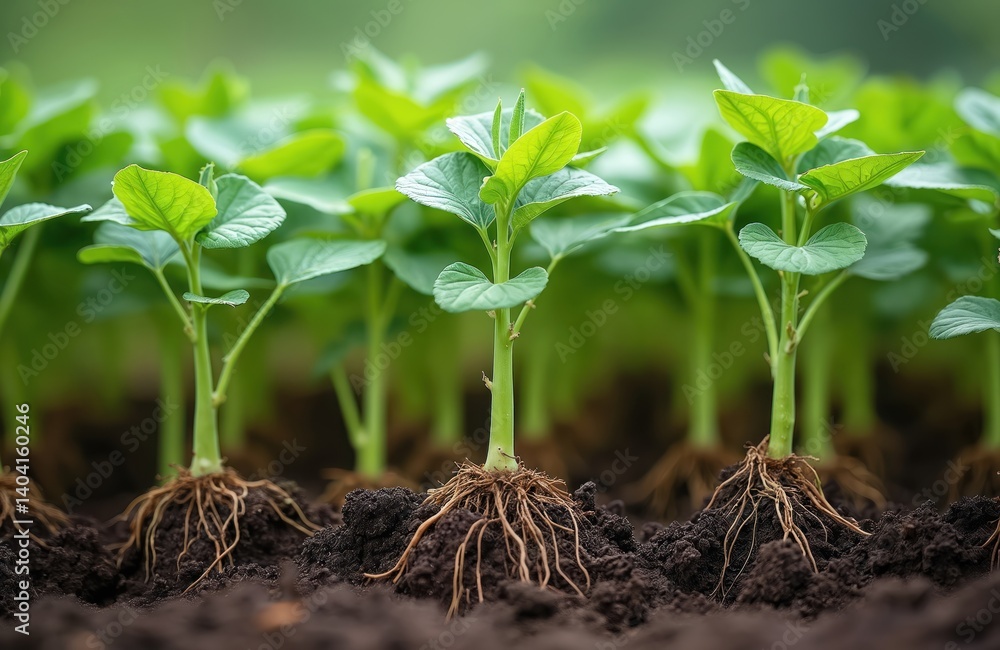 Fresh soybean plants with visible roots in soil. Young green sprouts grow from earth, showing new life, agriculture, eco farming, spring, health. Nature, food, wellness, earth day, organic farming