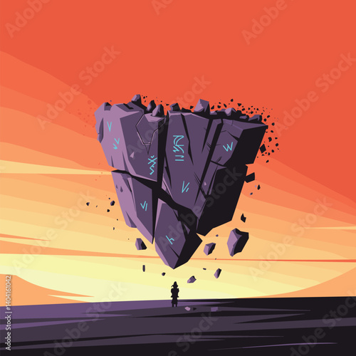 Floating rock formation with glowing symbols above a silhouetted figure
