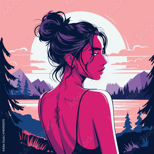 Woman with a hair bun looking at a serene landscape with a large moon

