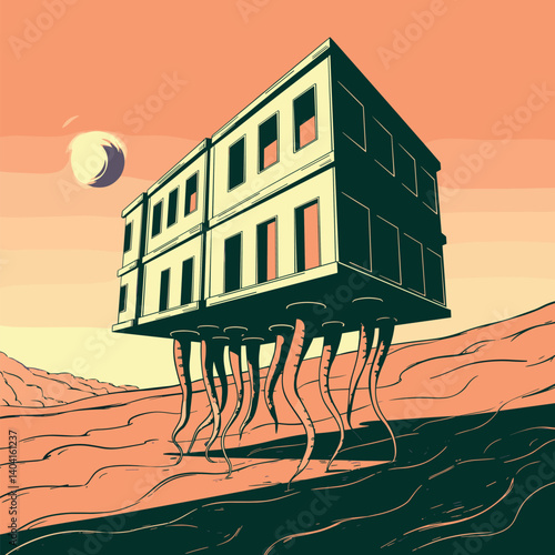Surreal floating house with tentacle-like roots hovering over desert landscape, conceptual illustration in retro color scheme
