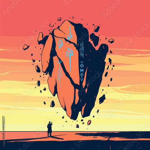 Floating rock formation with glowing symbols above a silhouetted figure
